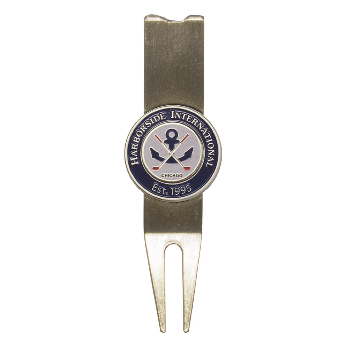 Modern Divot Repair Tool with Ball Marker and Club Rest. - Die Struck Logo